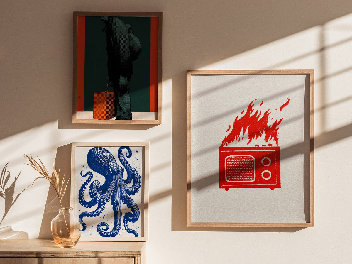 Radio Burns Poster | Red and Blue Screen Print Art Print | Retro Wall Art — styled in an interior
