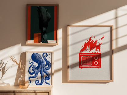 Radio Burns Poster | Red and Blue Screen Print Art Print | Retro Wall Art — styled in an interior
