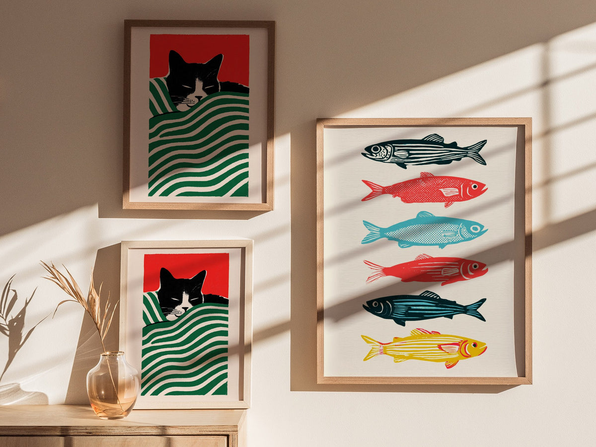 six-swimming-fish Poster | Teal and Coral Screen Print Art Print | Coastal Wall Art — styled in an interior