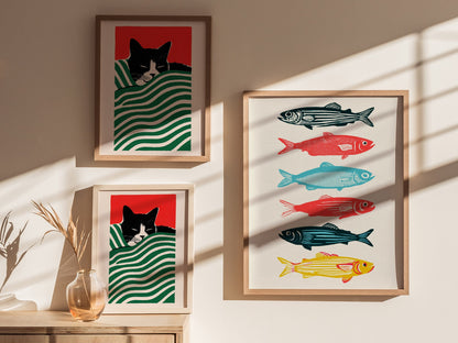 six-swimming-fish Poster | Teal and Coral Screen Print Art Print | Coastal Wall Art — styled in an interior