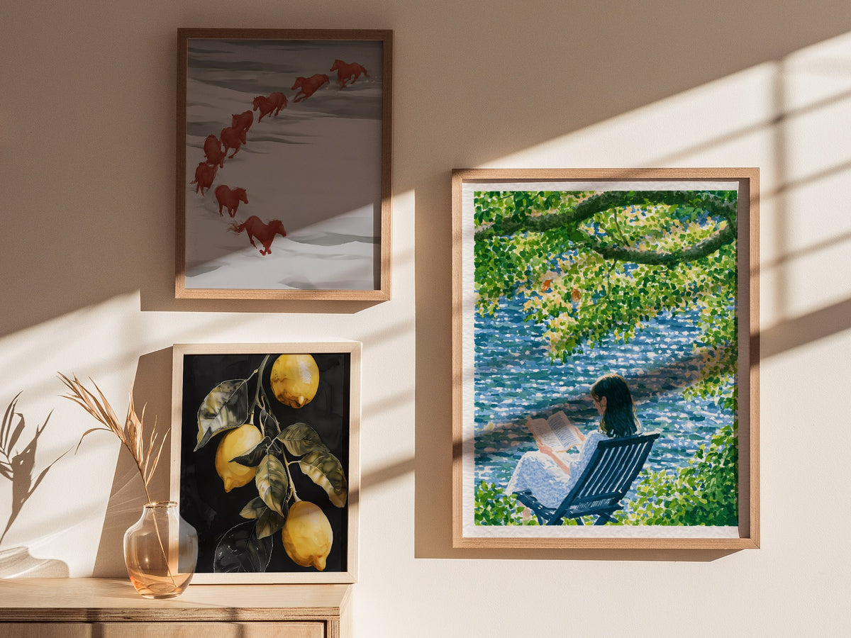 Reader by Water Poster | Blue and Yellow-Green Japanese Watercolor Art Print | Contemplative Readers Wall Art — styled in an