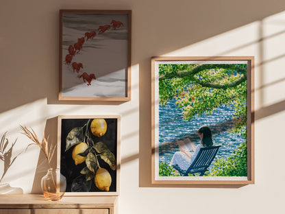Reader by Water Poster | Blue and Yellow-Green Japanese Watercolor Art Print | Contemplative Readers Wall Art — styled in an