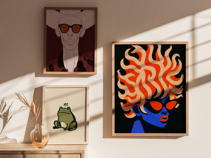 Modern Medusa Poster | Blue and Orange Illustrative Art Print — styled in an interior