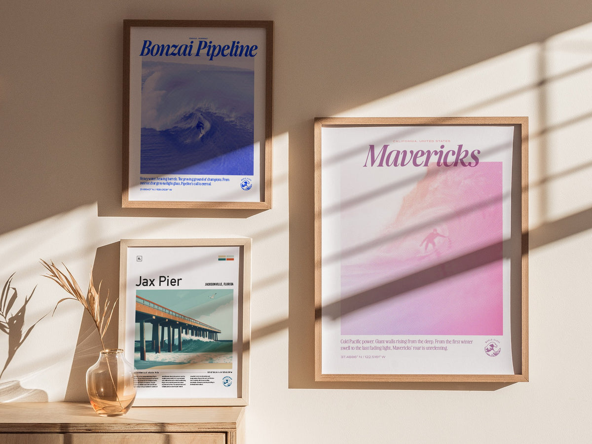 Mavericks - Retro Poster | Surf Art Print — styled in an interior