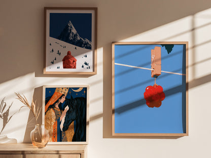 Cherries Hang Drying Poster | Red and Blue Illustrative Art Print | Kitchen Wall Art — styled in an interior