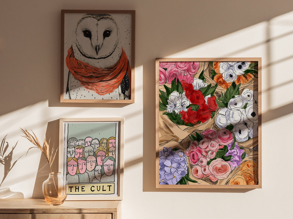 Bouquets at Market Poster | Pink and Lilac Pen and Ink Art Print | Kitchen Wall Art — styled in an interior