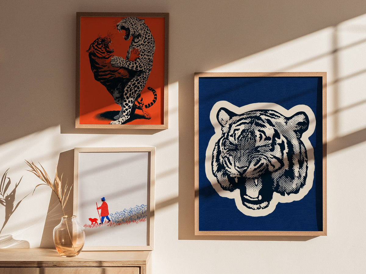 Tiger Roars Blue Poster | Navy and Cobalt Screen Print Art Print | Mid-Century Wall Art — styled in an interior