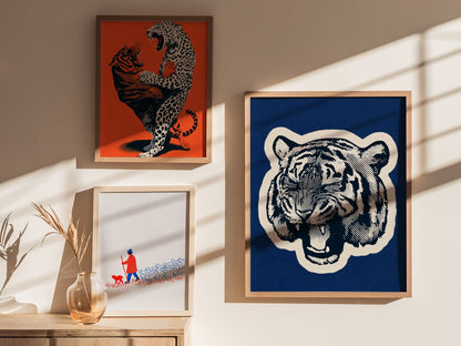 Tiger Roars Blue Poster | Navy and Cobalt Screen Print Art Print | Mid-Century Wall Art — styled in an interior
