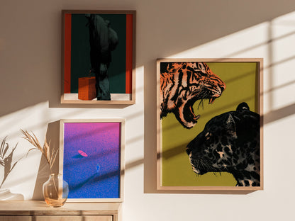Tiger Taunts Panther Poster | Chartreuse and Black Screen Print Art Print | Graphic Design Wall Art — styled in an interior