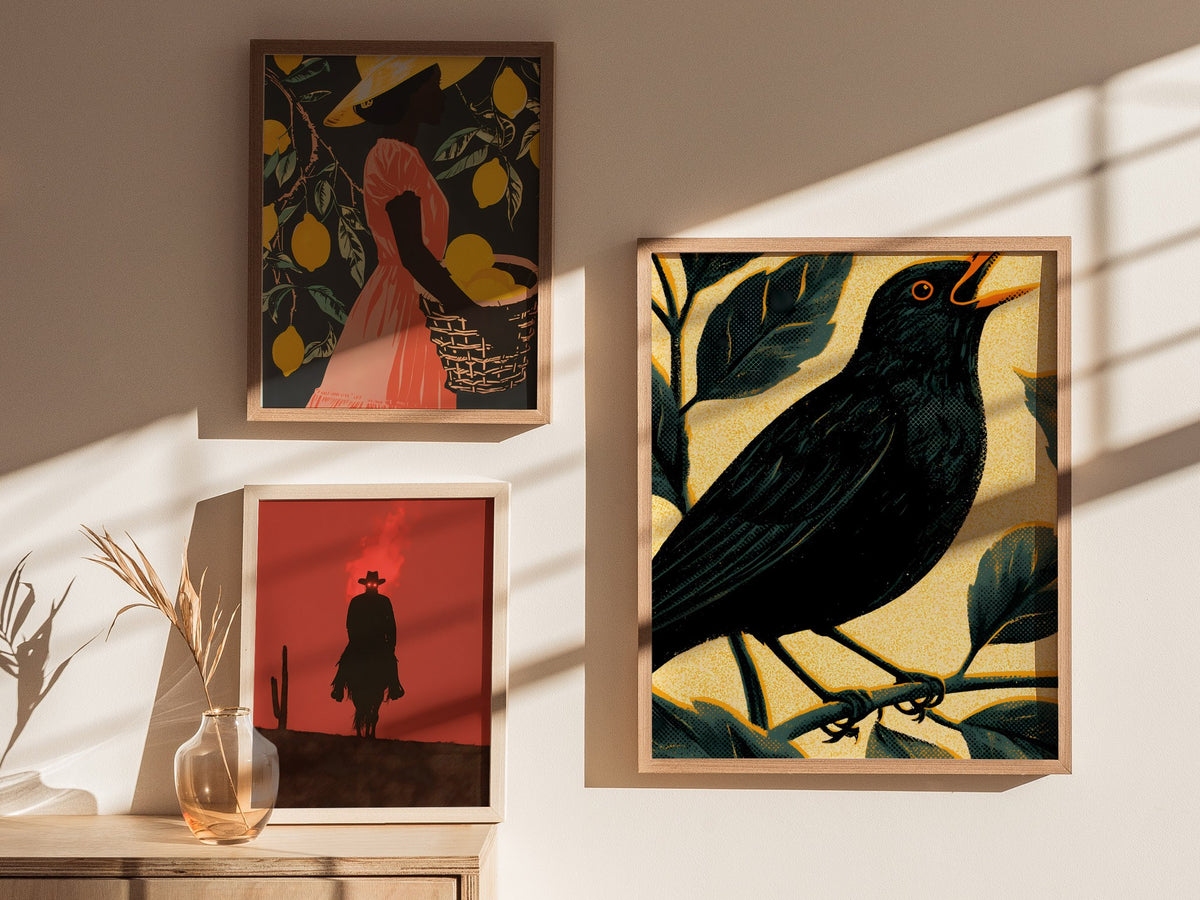 Blackbird in Gold Poster | Gold and Black Screen Print Art Print | British Garden Wall Art — styled in an interior