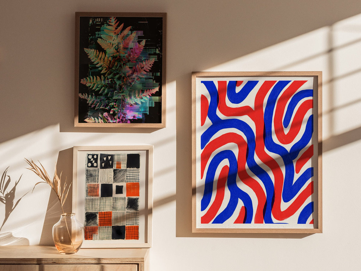 Woven Currents Poster | Coral and Cobalt Abstract Art Print | Modern Coastal Wall Art — styled in an interior