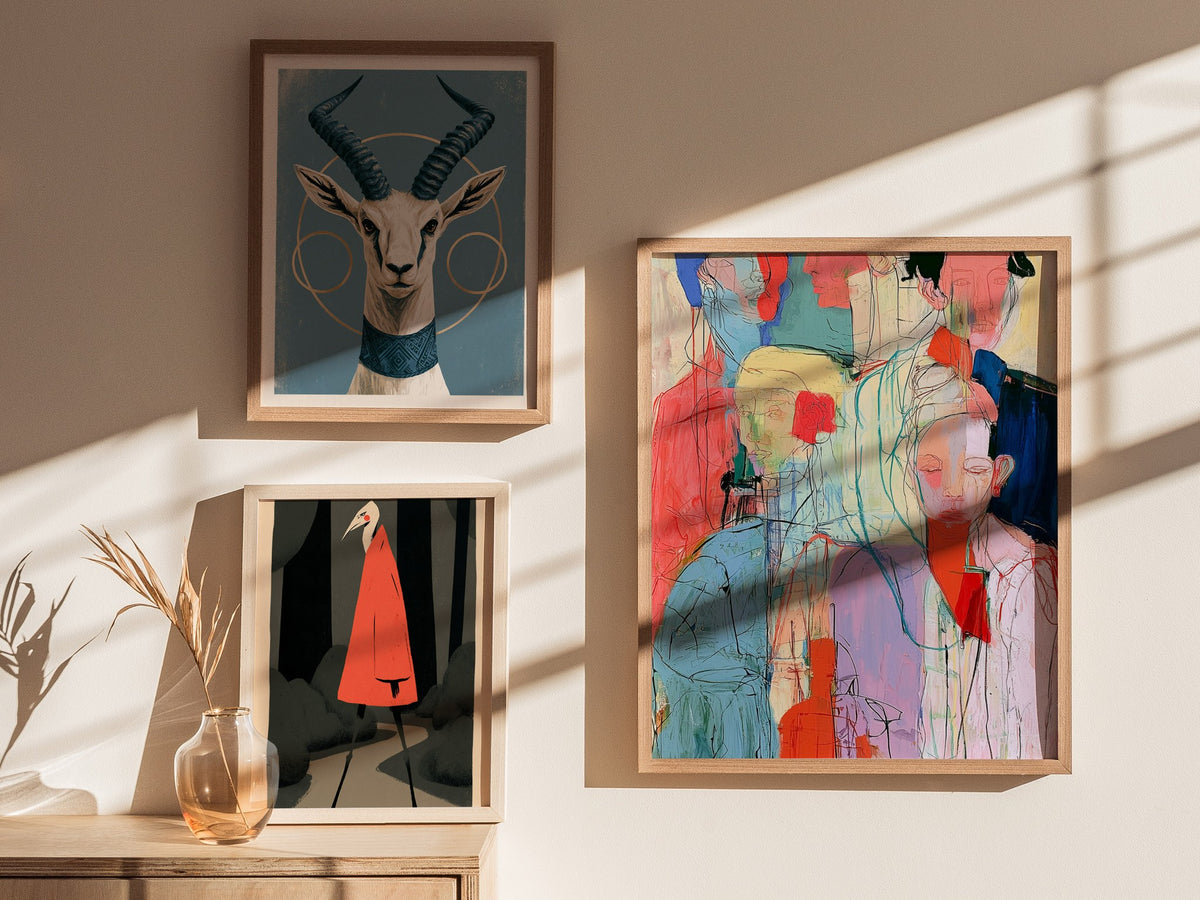 Seven Women Stand Poster | Coral and Pink Illustrative Art Print | Feminist Art Wall Art — styled in an interior