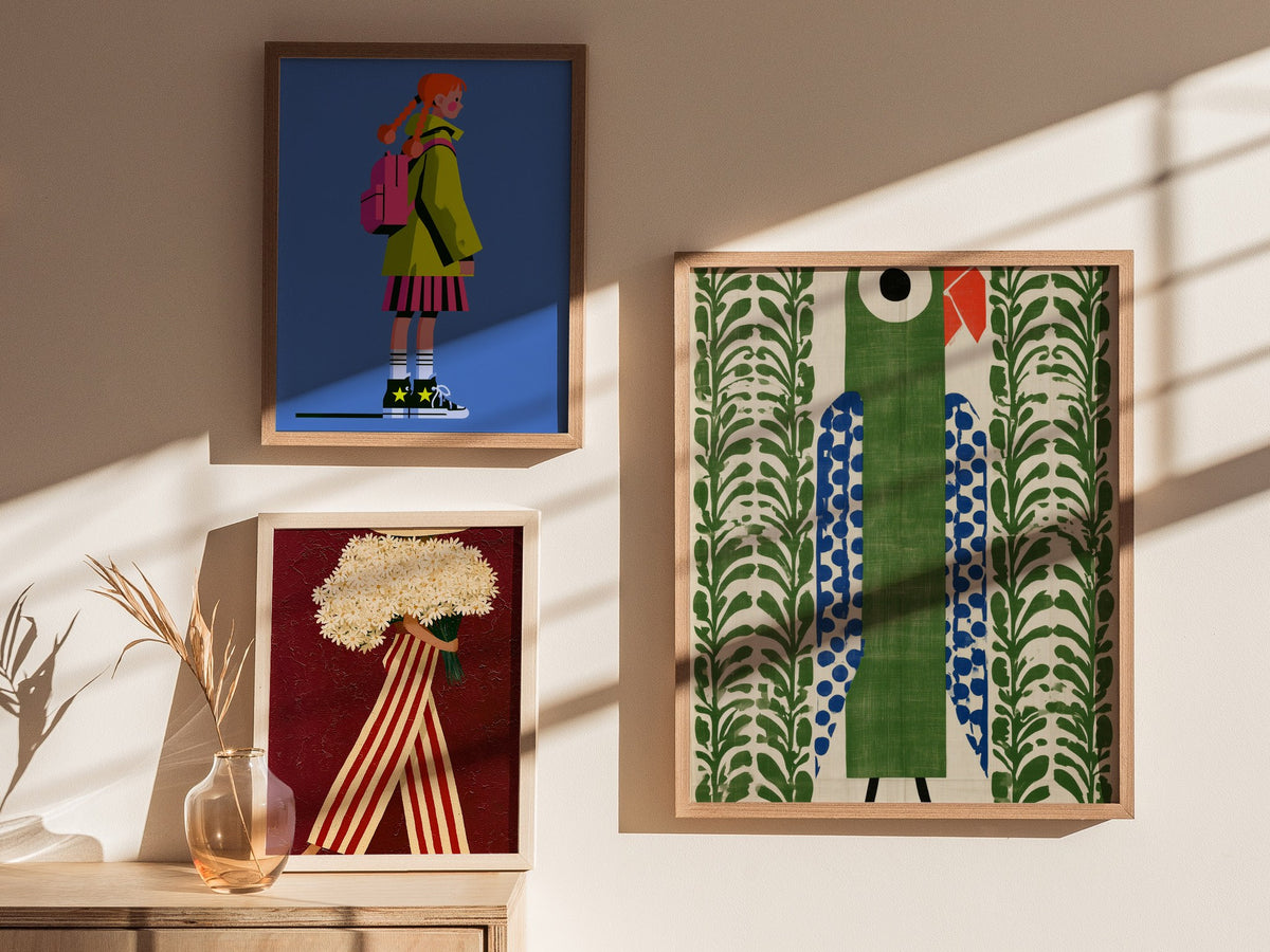 parrot-in-green Poster | Emerald and Jade Flat Design Art Print | Modern Minimal Wall Art — styled in an interior