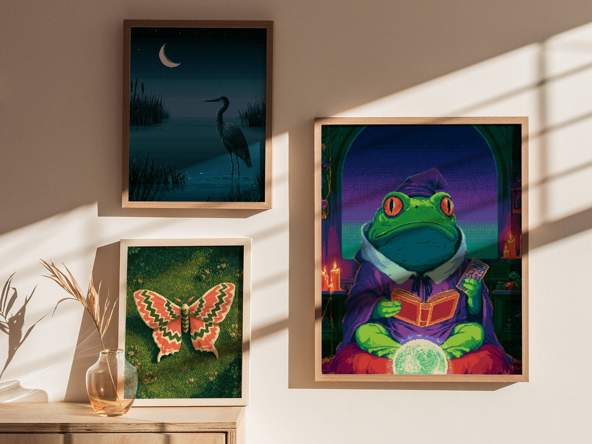 Frog Sees Fortune Poster | Purple and Teal Pixel Art Print | Dark Fantasy Wall Art — styled in an interior