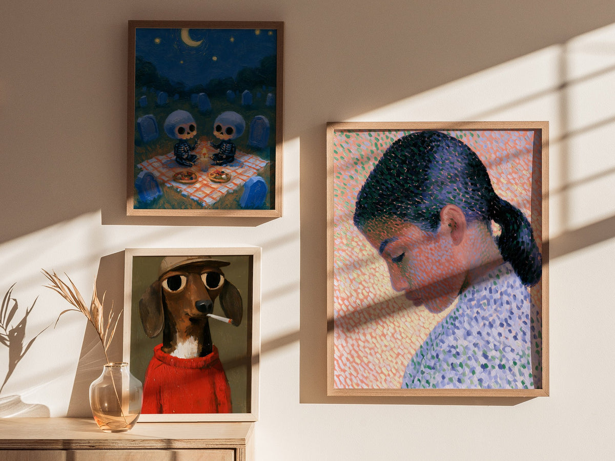 Girl in Ponytail Poster | Coral and Purple Oil Painting Art Print | Contemporary Portrait Wall Art — styled in an interior
