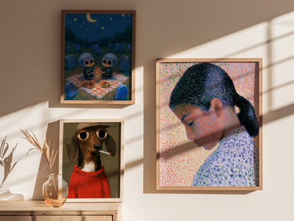 Girl in Ponytail Poster | Coral and Purple Oil Painting Art Print | Contemporary Portrait Wall Art — styled in an interior
