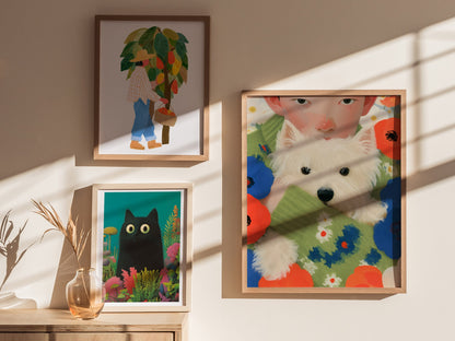 Boy With Westie Poster | Blue and Green Illustrative Art Print | Contemporary Wall Art — styled in an interior