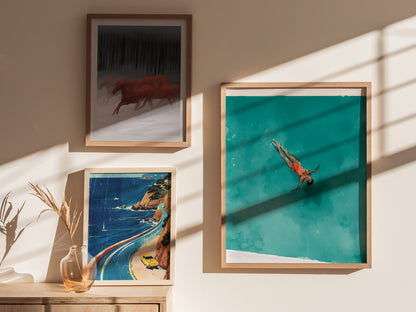 Swimmer in Pool Poster | Teal and Coral Watercolor Art Print | Spa Wall Art — styled in an interior