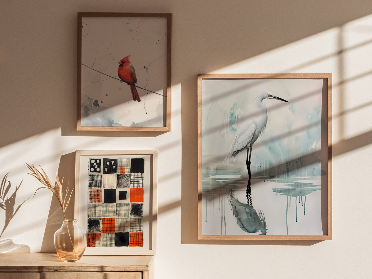 Wading Bird Poster | Sage and Cream Japanese Watercolor Art Print | Minimalist Wall Art — styled in an interior