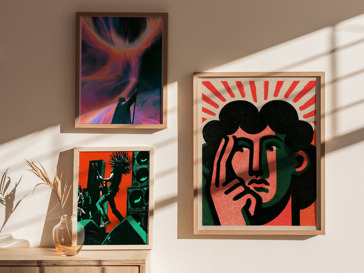 Thinker Touches Temple Poster | Coral and Green Screen Print Art Print | Modernist Wall Art — styled in an interior