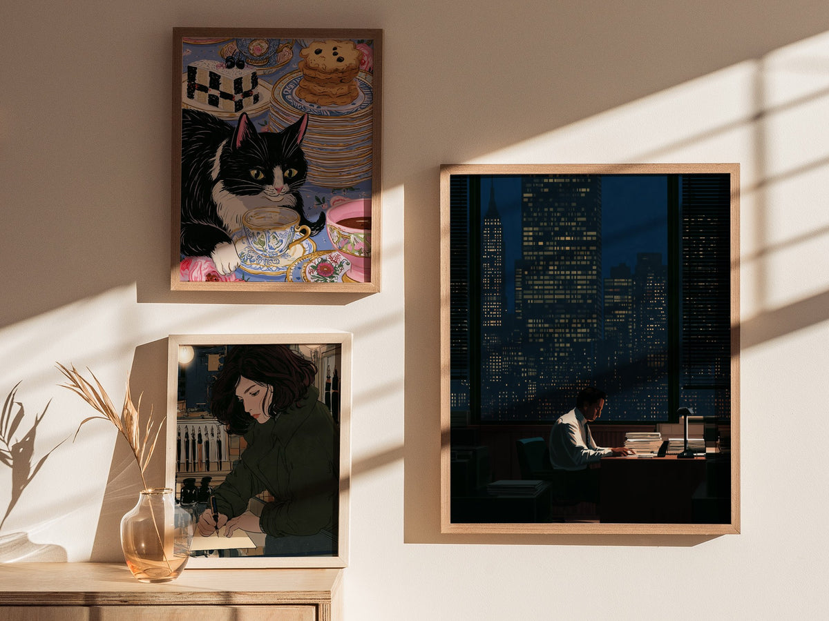 Salesman Works Late Poster | Deep Blue Illustrative Art Print | Office Wall Art — styled in an interior