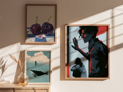 glass-divide Poster | Amber and Teal Illustrative Art Print | Dark Academia Wall Art — styled in an interior