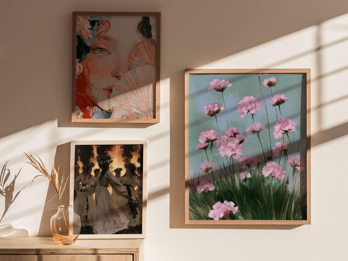 Thrift Blooms Sage Poster | Pink and Sage Oil Painting Art Print | Cottagecore Wall Art — styled in an interior