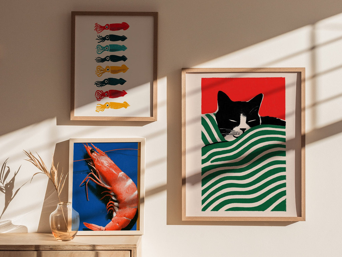 Cat Under Striped Blanket Poster | Green and Red Screen Print Art Print | Cat Lover Wall Art — styled in an interior