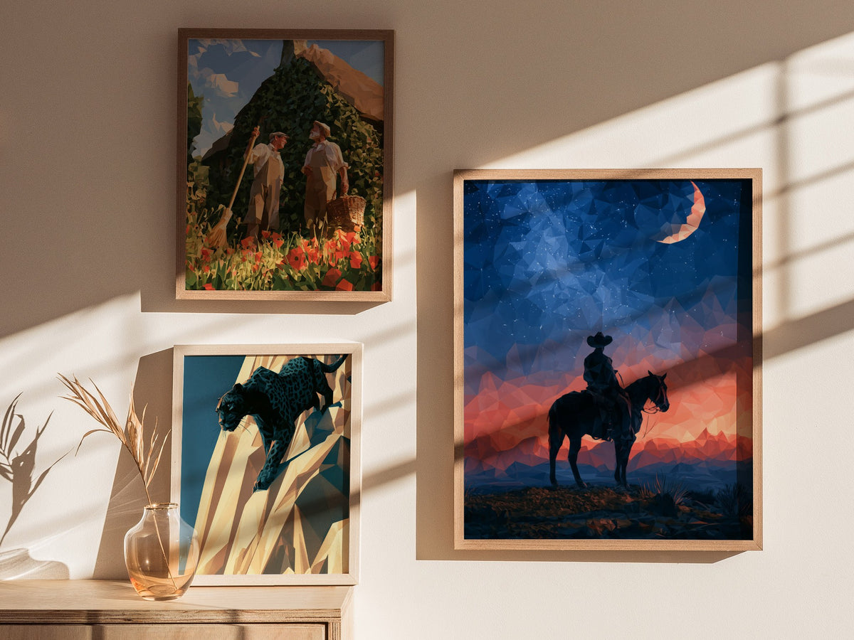 Cowboy Owns Night Poster | Deep Blue Low Poly Art Print | Western Modern Wall Art — styled in an interior