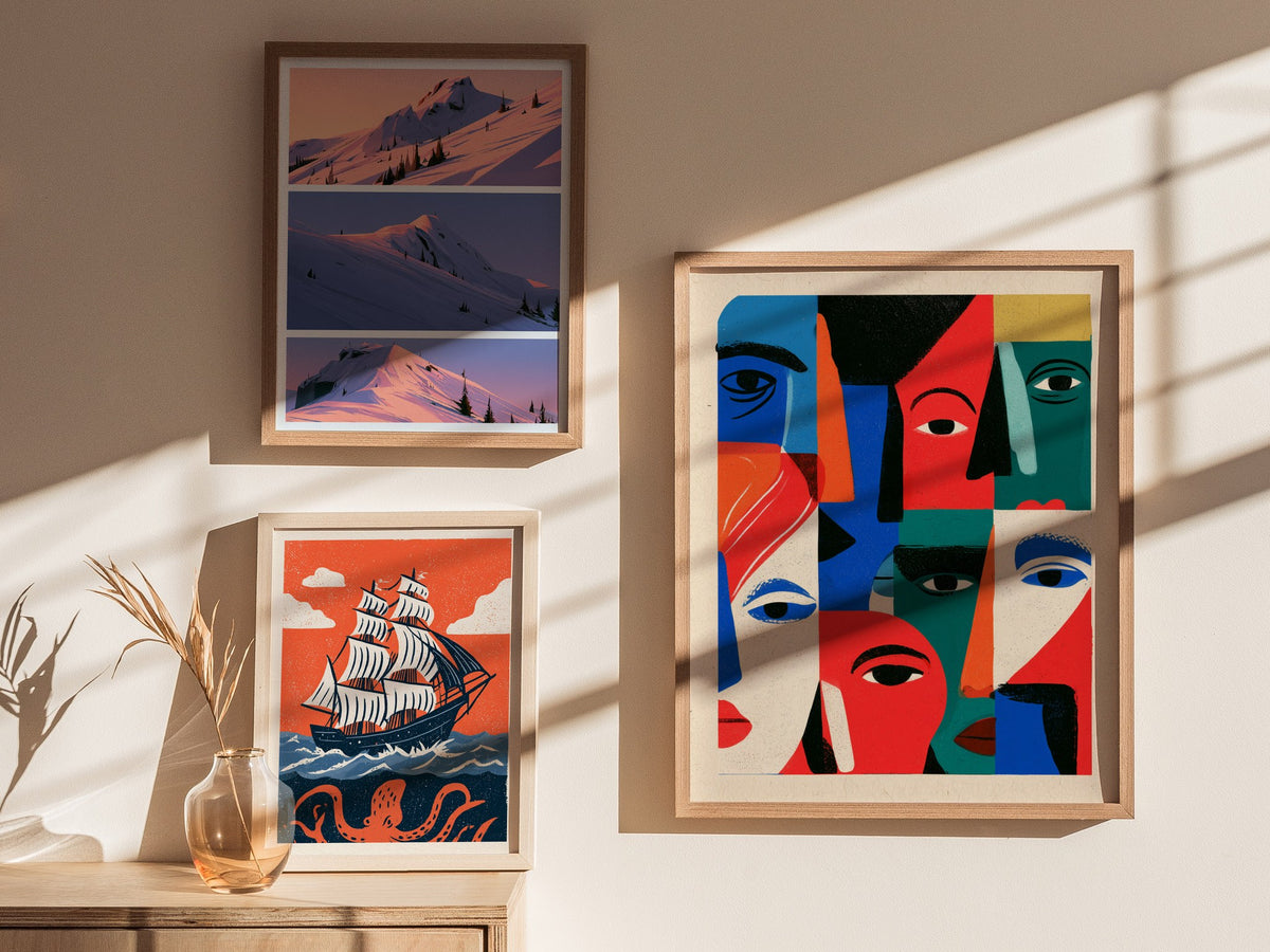 Crowd Wears Faces Poster | Multicolor Illustrative Art Print | Kids Room Wall Art — styled in an interior