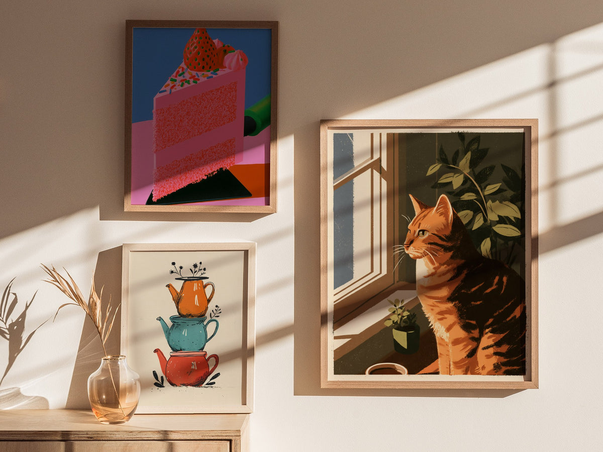Cat Watches Morning Poster | Warm Ochre Illustrative Art Print | Cat Lover Wall Art — styled in an interior