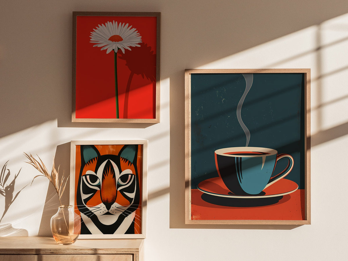 Cup and Saucer Poster | Cobalt and Coral Flat Design Art Print | Kitchen Wall Art — styled in an interior