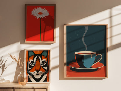 Cup and Saucer Poster | Cobalt and Coral Flat Design Art Print | Kitchen Wall Art — styled in an interior