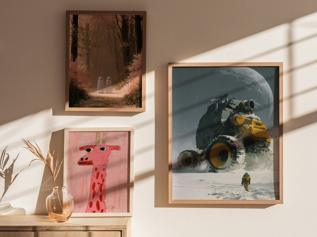 Rover Dwarfs Explorer Poster | Gray and Yellow Oil Painting Art Print | Sci-Fi Wall Art — styled in an interior