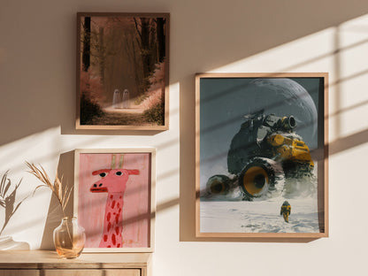 Rover Dwarfs Explorer Poster | Gray and Yellow Oil Painting Art Print | Sci-Fi Wall Art — styled in an interior