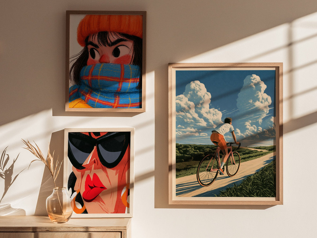 Cyclist Chases Horizon Poster | Blue and Orange Illustrative Art Print | Cycling Wall Art — styled in an interior