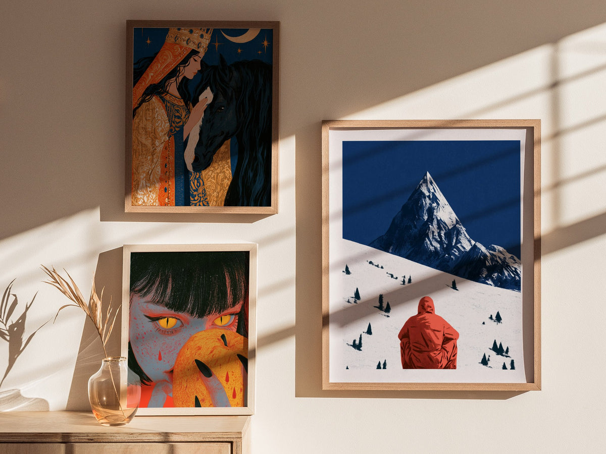 Alone Before Summit Poster | Pink and Cobalt Illustrative Art Print | Adventure Wall Art — styled in an interior