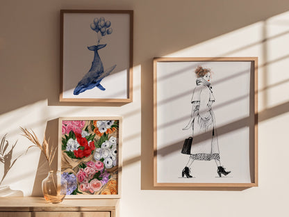 Woman Glances Back Poster | Orange and Cream Pen and Ink Art Print | Fashion Illustration Wall Art — styled in an interior