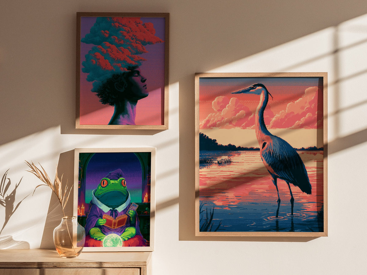 Heron Walks Dusk Poster | Coral and Slate Pixel Art Print | Retro Gaming Wall Art — styled in an interior
