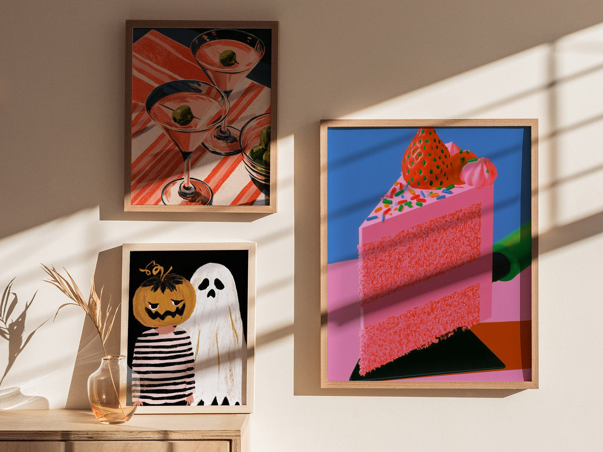 Frosted Layer Cake Poster | Pink and Cobalt Illustrative Art Print | Kitchen Wall Art — styled in an interior