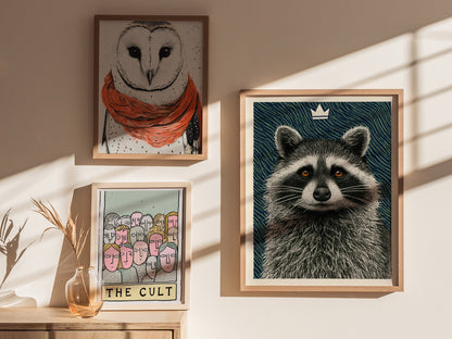 Raccoon Rules Stars Poster | Navy and Green Pen and Ink Art Print | Dark Academia Wall Art — styled in an interior