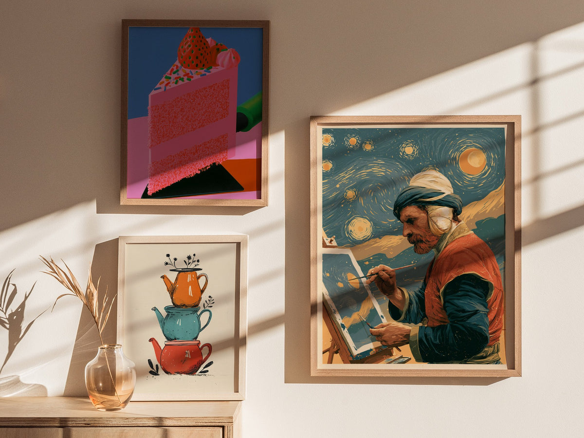 Van Gogh Paints Stars Poster | Teal and Amber Illustrative Art Print | Art History Wall Art — styled in an interior