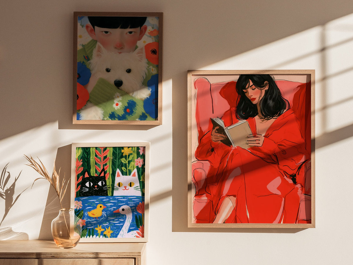 Woman Reading In Red Poster | Coral and Pink Illustrative Art Print | Quiet Interiors Wall Art — styled in an interior