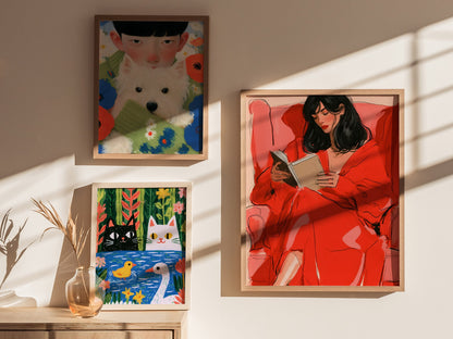 Woman Reading In Red Poster | Coral and Pink Illustrative Art Print | Quiet Interiors Wall Art — styled in an interior