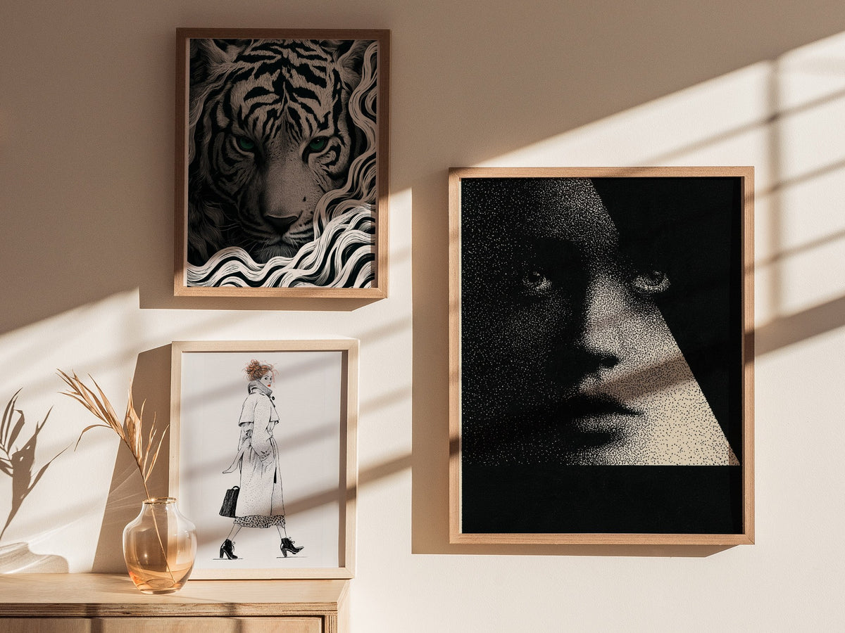Face Emerging Light Poster | Black and Cream Pen and Ink Art Print | Dark Academia Wall Art — styled in an interior