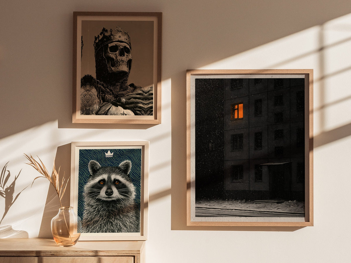 One Light Waits Poster | Black and Amber Pen and Ink Art Print | Dark Academia Wall Art — styled in an interior