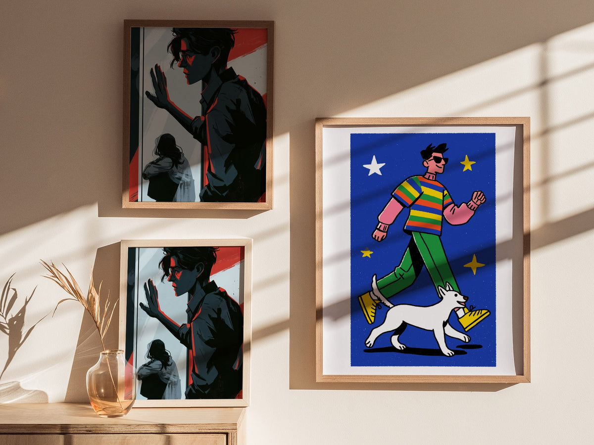 hero-and-cat Poster | Warm Ochre Illustrative Art Print | Kids Room Wall Art — styled in an interior