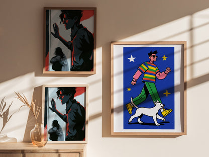 hero-and-cat Poster | Warm Ochre Illustrative Art Print | Kids Room Wall Art — styled in an interior