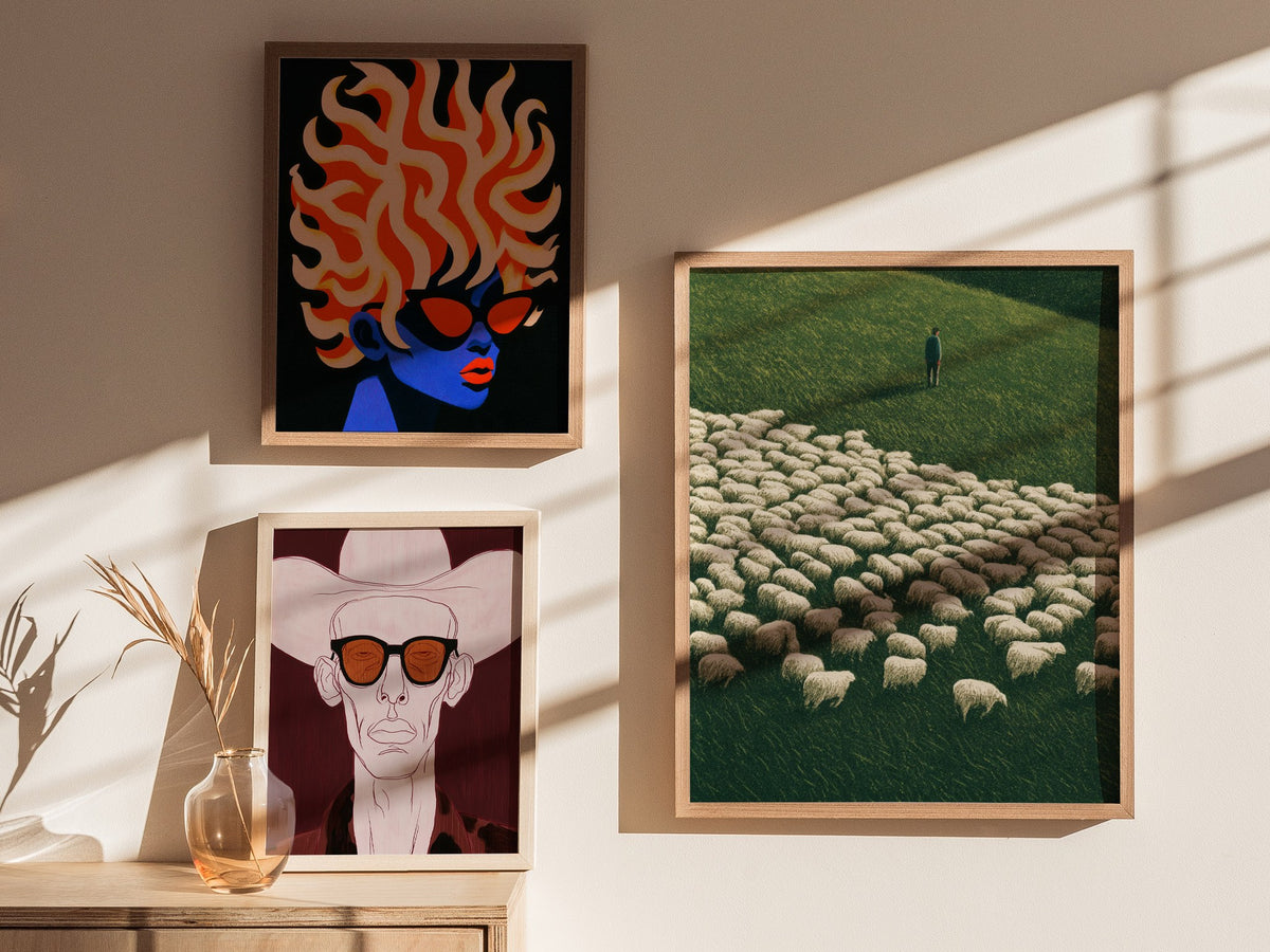 Shepherd Counts Flock Poster | Green and Cream Illustrative Art Print | Cottagecore Wall Art — styled in an interior