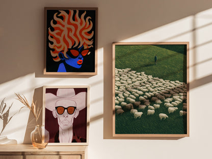 Shepherd Counts Flock Poster | Green and Cream Illustrative Art Print | Cottagecore Wall Art — styled in an interior